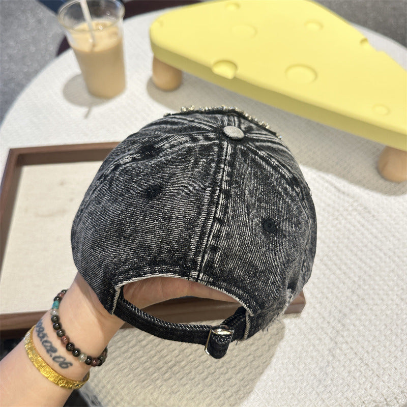Rhinestone Cross Distressed Denim Baseball Cap Vintage Y2K Women Hat