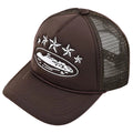 Corteiz Vintage Brown Trucker Hat with White Stars and Cruise Ship Graphic