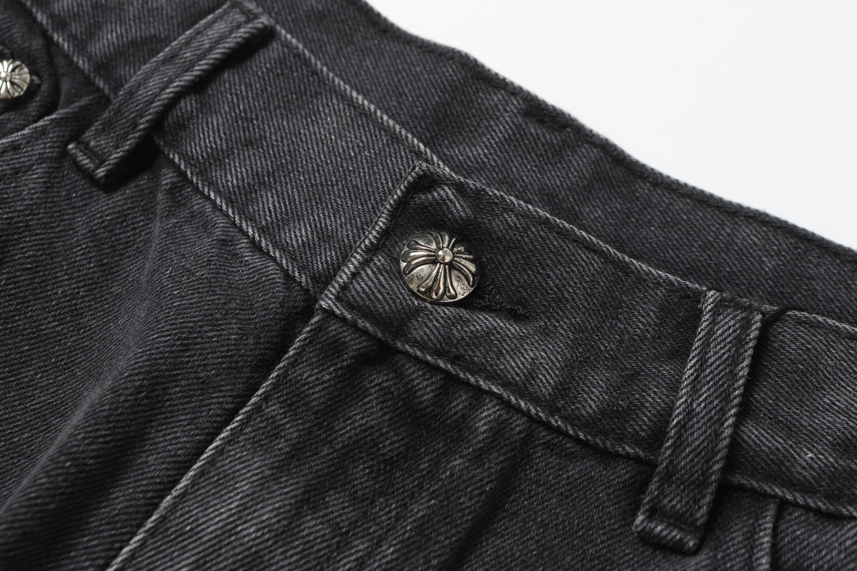 Chrome Hearts White & Black Leather Cross Patches Jeans