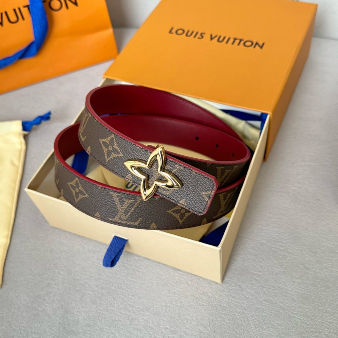 LOUIS VUITTON LV  MINI FLOWERGRAM 30MM REVERSIBLE BELT IN BLOOD RED CALFSKIN GOLD HARDWARE