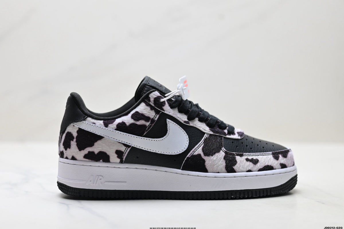 Nike Air Force 1 Low Black White Cow Print Unisex Sneakers Style 05