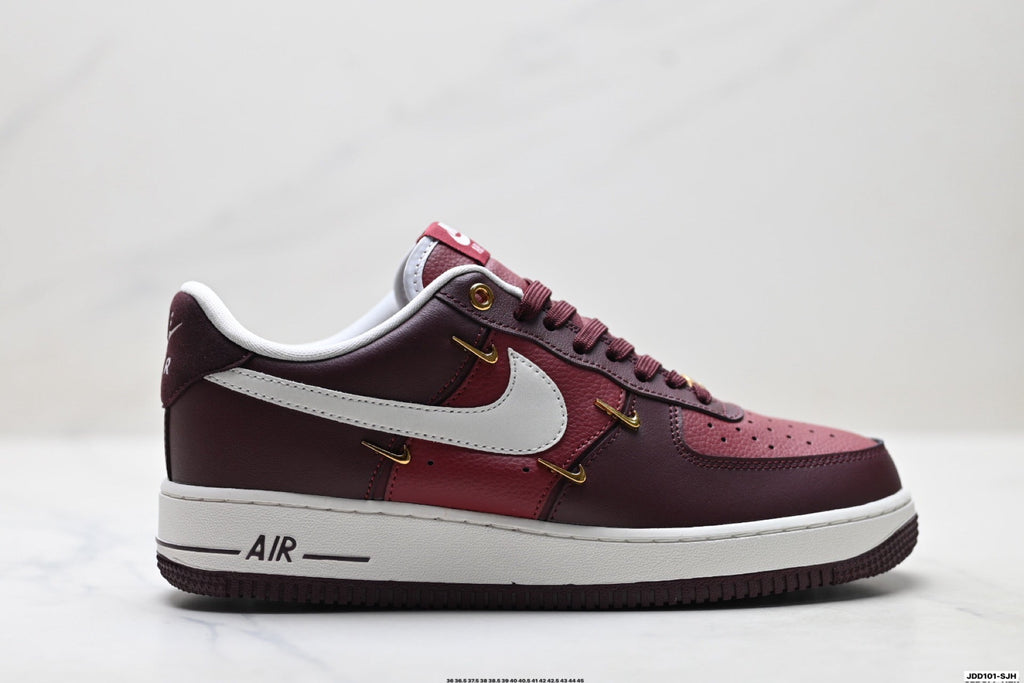 Nike Air Force 1 Low Burgundy White Gold Unisex Sneakers Style 02