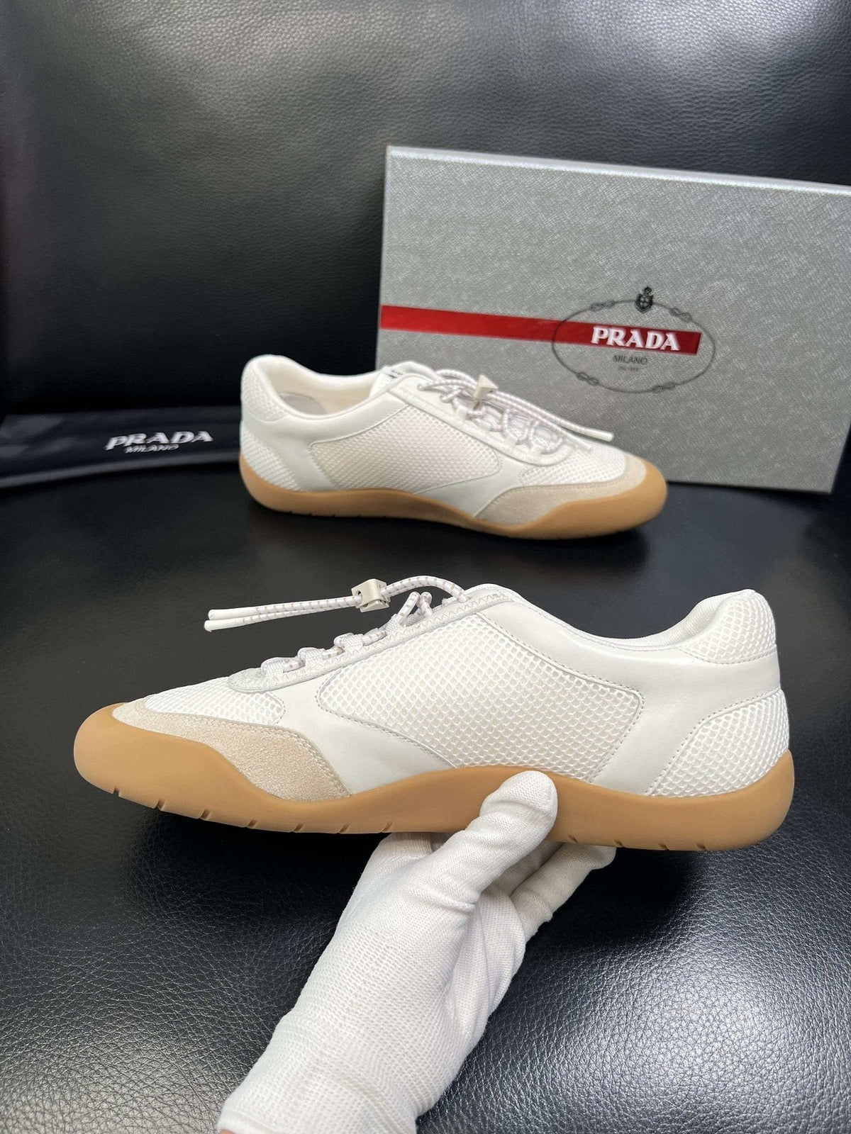 Prada Men's White Gum Sole Low-Top Sneakers