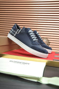 Burberry Navy Check Low-Top Sneakers - White Rubber Sole