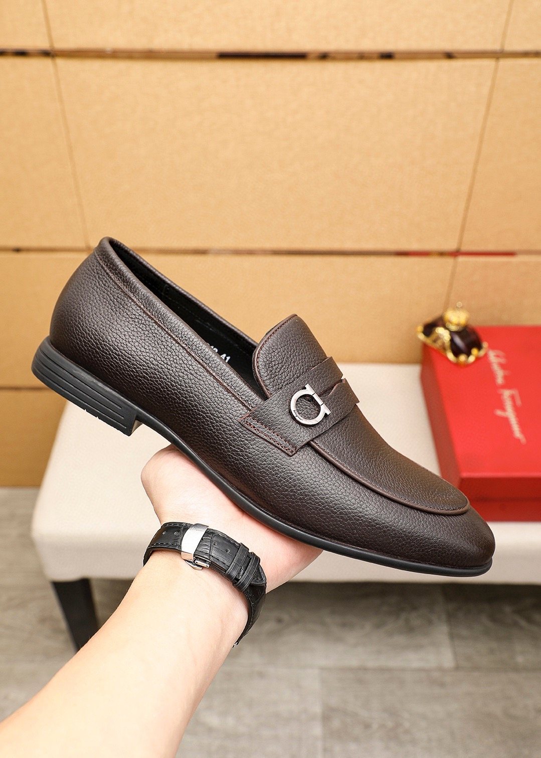 Ferragamo Textured Metal-Strap Loafers